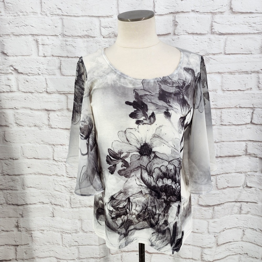 Whimsigoth Floral Top Sheer Flutter‎ Sleeves Office Artsy Dark Romance Medium